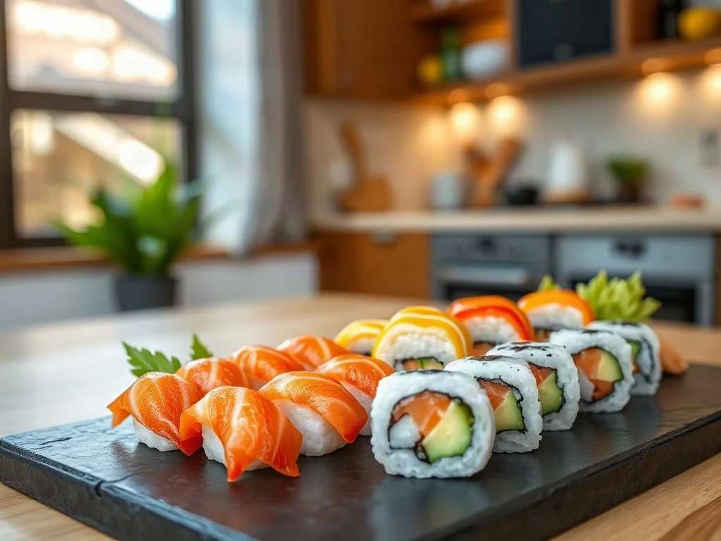 Zestaw świeżego sushi z łososiem i awokado podany na czarnym kamiennym talerzu. Apetyczna prezentacja zdrowej przekąski.