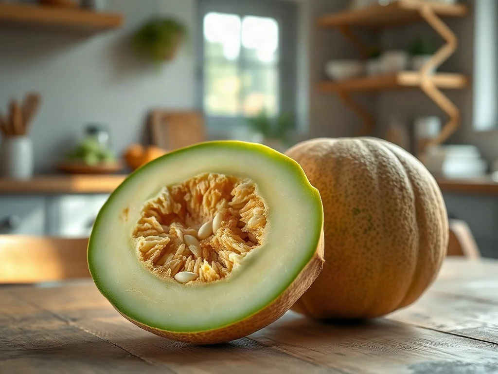 Przekrojony dojrzały melon galia z soczystym, jasnozielonym miąższem na rustykalnym drewnianym stole.