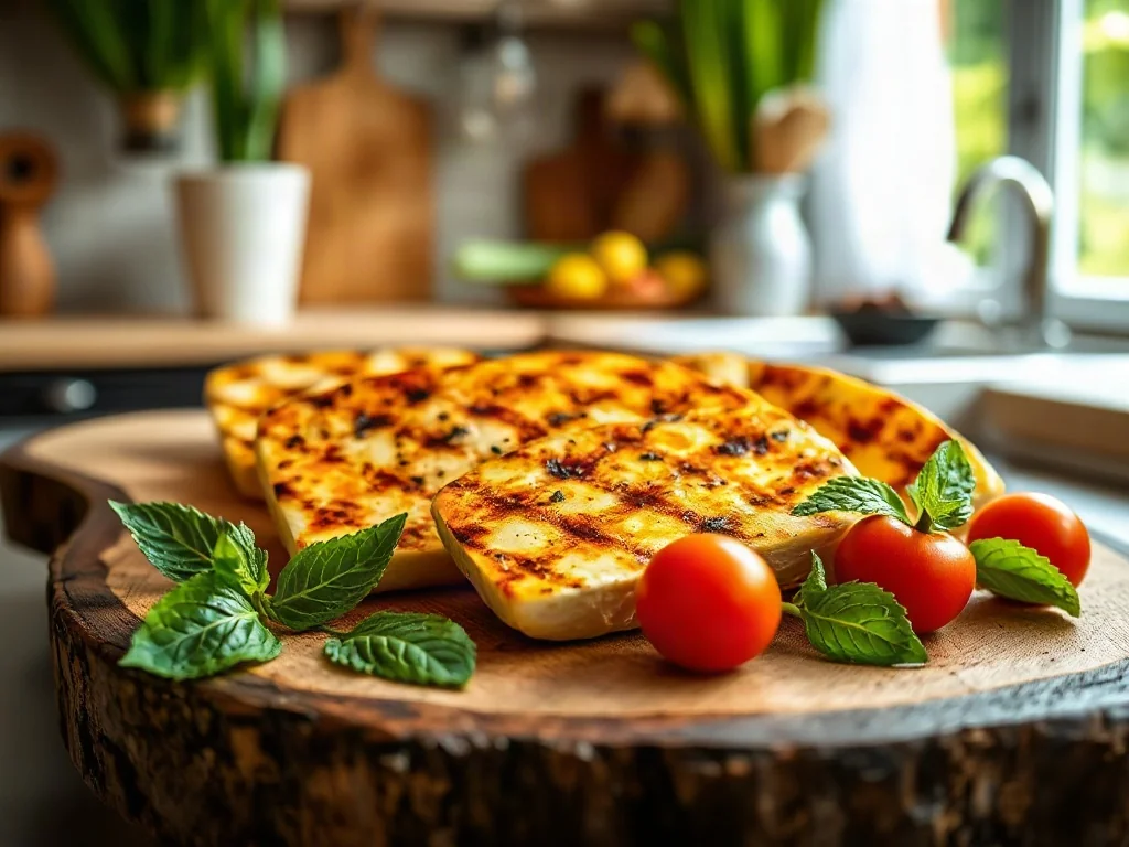Złociste plastry grillowanego sera halloumi podane z pomidorkami koktajlowymi i świeżą miętą na drewnianej desce.