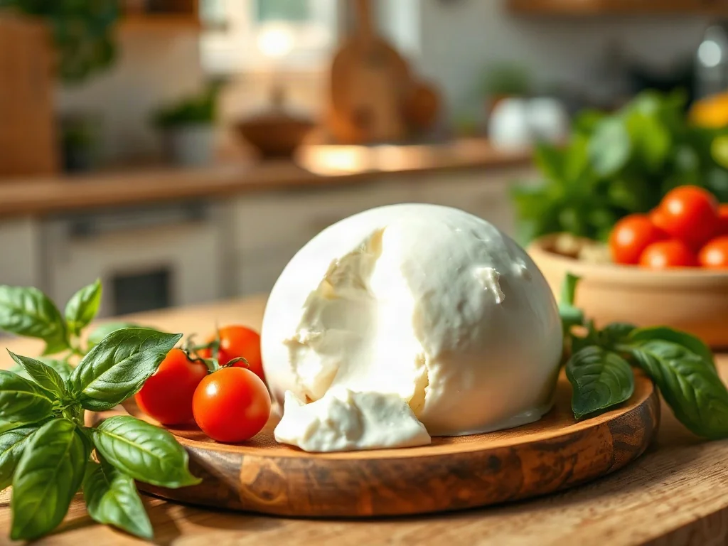 Świeża burrata z płynnym środkiem, podana z pomidorkami koktajlowymi i bazylią na drewnianym talerzu.