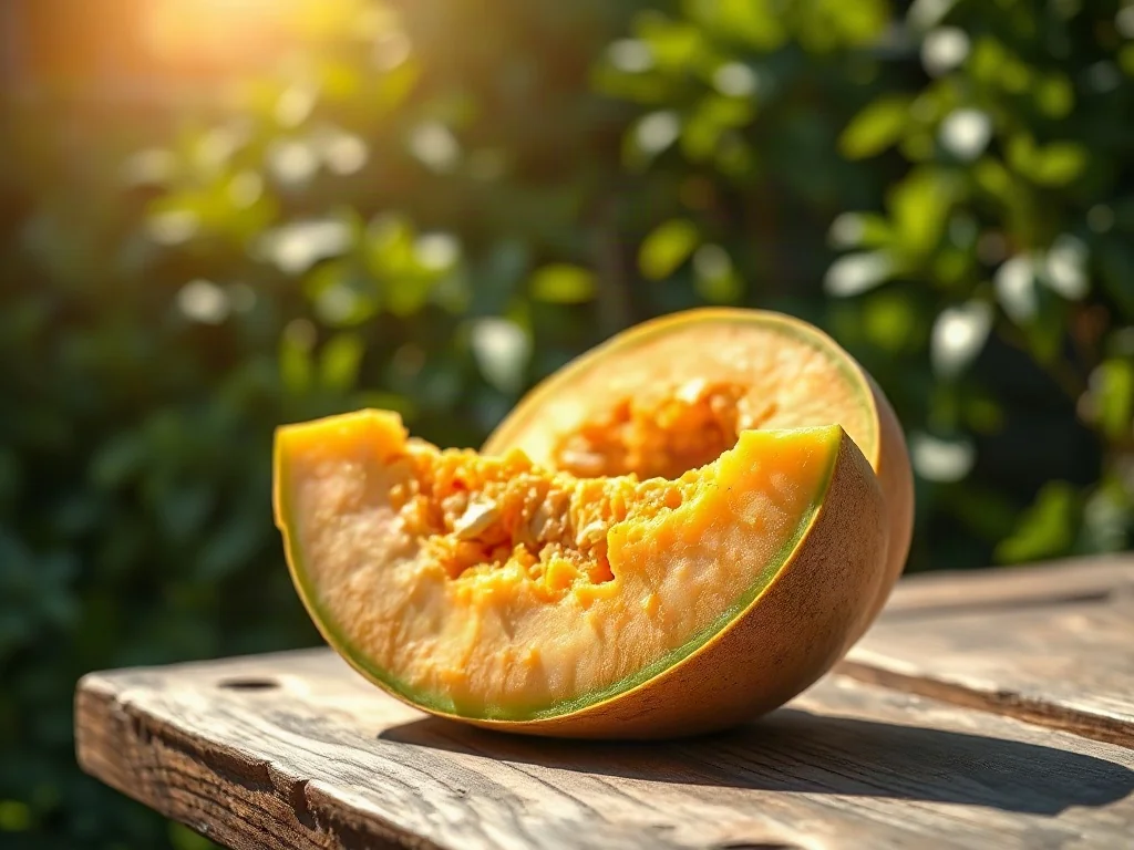 Soczysty, pokrojony melon kantalupa na drewnianym stole w słonecznym ogrodzie.