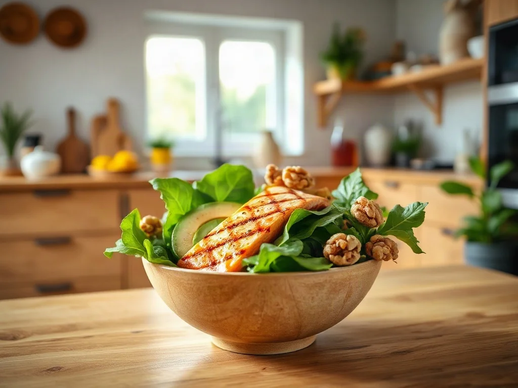 Apetyczna miska z łososiem, awokado, orzechami i świeżymi warzywami, ilustrująca zdrowe zasady diety low carb.
