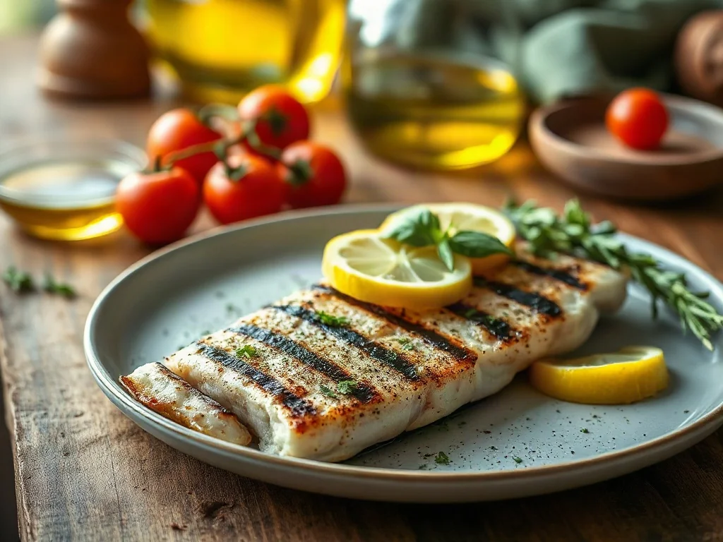 Apetyczny filet z grillowanej tilapii podany na talerzu z cytryną i świeżymi ziołami.
